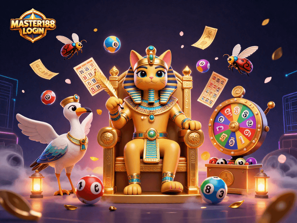 Play and win with MASTER188 LOGIN in vibrant lottery-themed casino illustration.