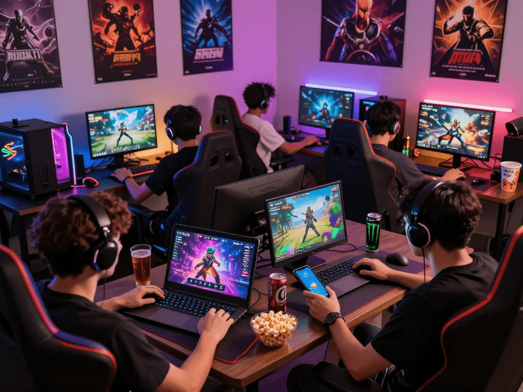 Exciting online gaming setup showing characters playing porn ganes on various devices with vibrant graphics and immersive atmosphere.