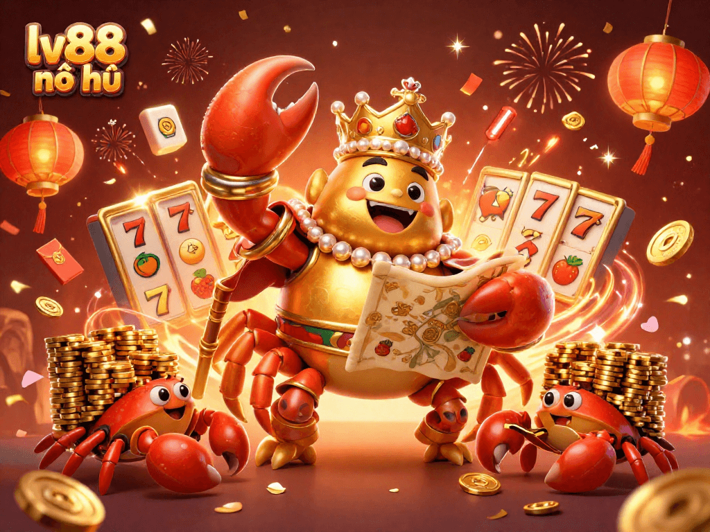 Spin the reels with lv88 nổ hũ, featuring a golden crab emperor and vibrant game elements celebrating winnings.