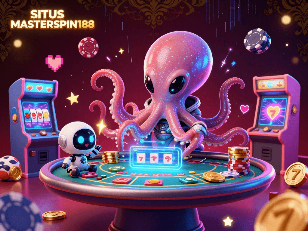 SITUS MASTERSPIN188 showcases an alien octopus at a poker table with vibrant slot elements.