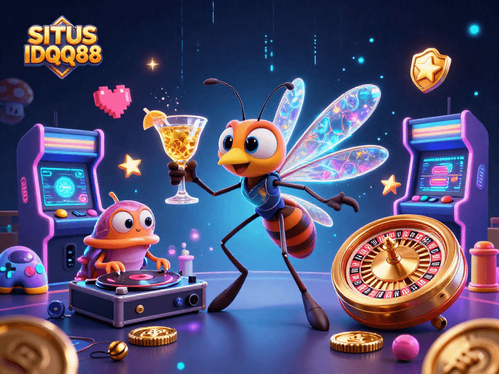 SITUS IDQQ88 showcases a vibrant casino scene with a unique cartoon illustration featuring a frozen mosquito mascot and a trilobite DJ.