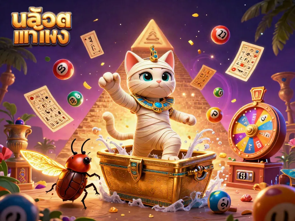 Engage with สล็อตแท้ตรง as a 3D cartoon mummy cat bursts from a sarcophagus in a vibrant casino setting.