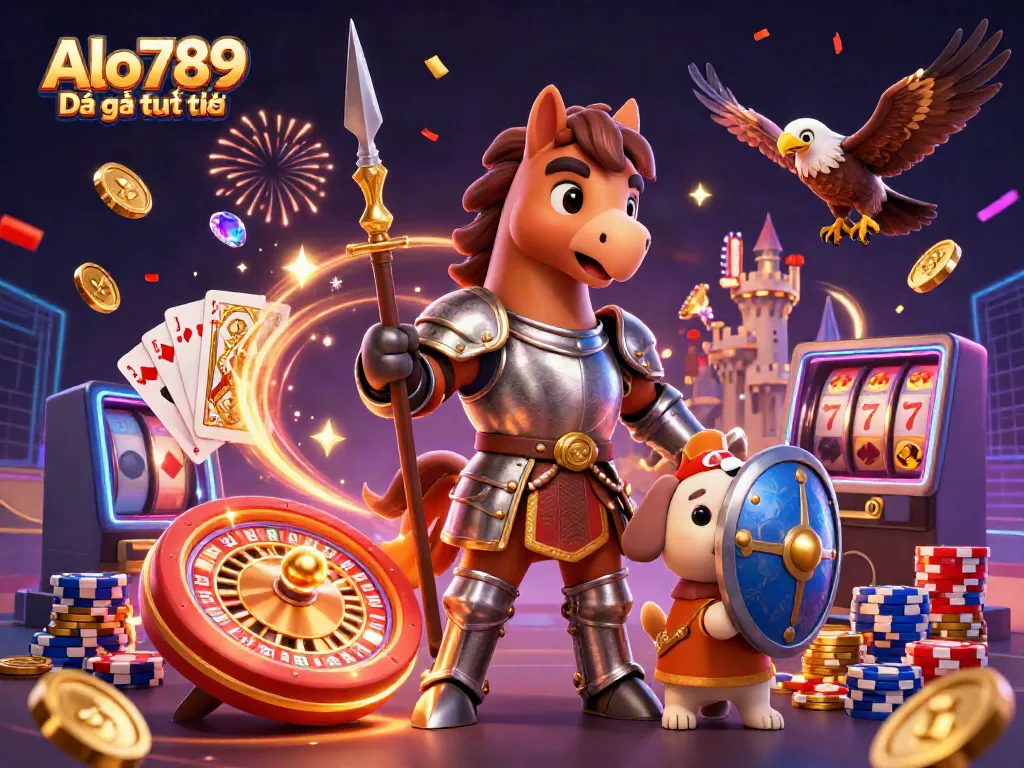 Alo789 Đá gà trực tiếp engaging 3D illustration featuring a knight, a puppy squire, and a falcon amidst casino elements.