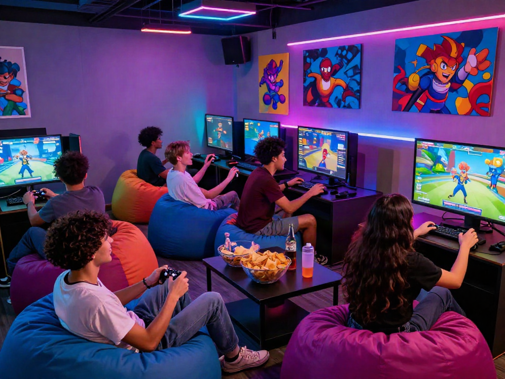 Porn game enthusiasts enjoying multiplayer gaming in a vibrant lounge