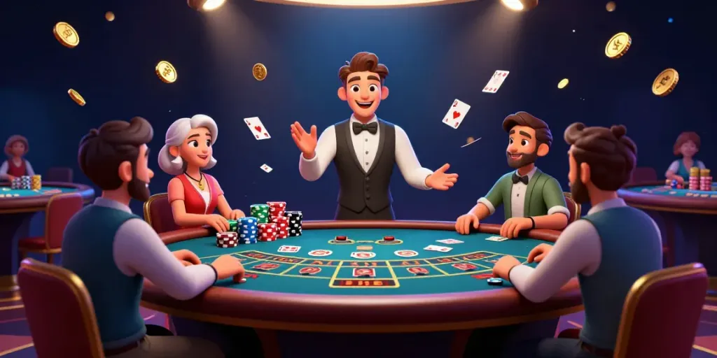 Experience thrilling action in 真人荷官遊戲 with a charismatic live dealer, captivating players in this lively casino illustration.