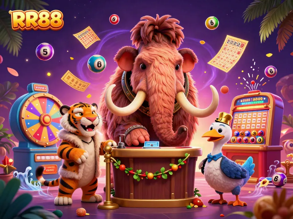 Experience the excitement of RR88 as a woolly mammoth bouncer welcomes guests into a vibrant casino scene.