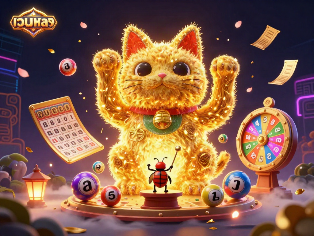 Experience the thrill of เว็บตรง with a dynamic golden lucky cat surrounded by engaging casino elements.
