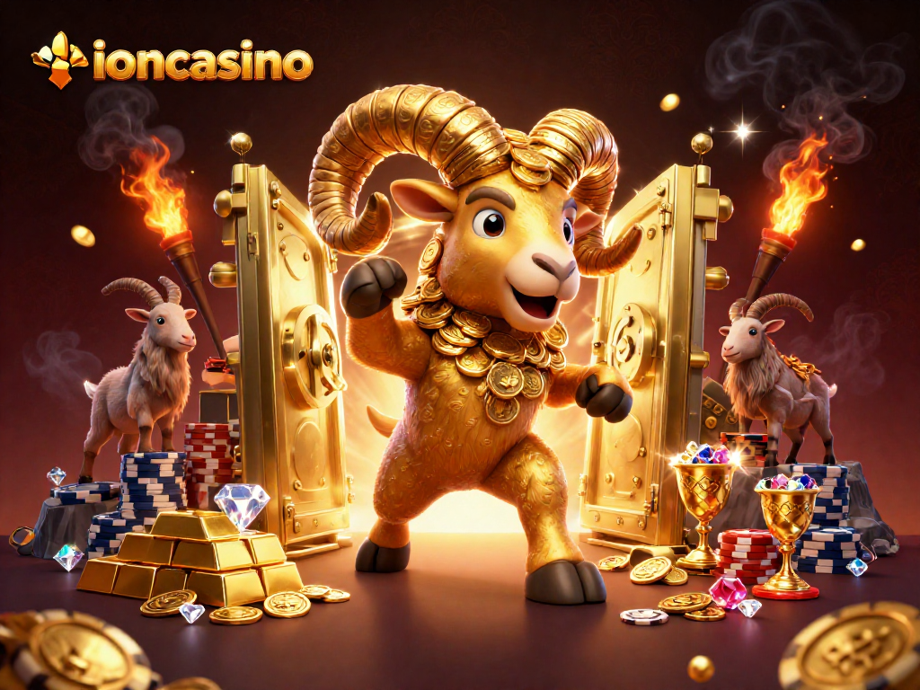 Experience the excitement of ioncasino with a golden ram charging through a treasure-filled vault in this captivating illustration.