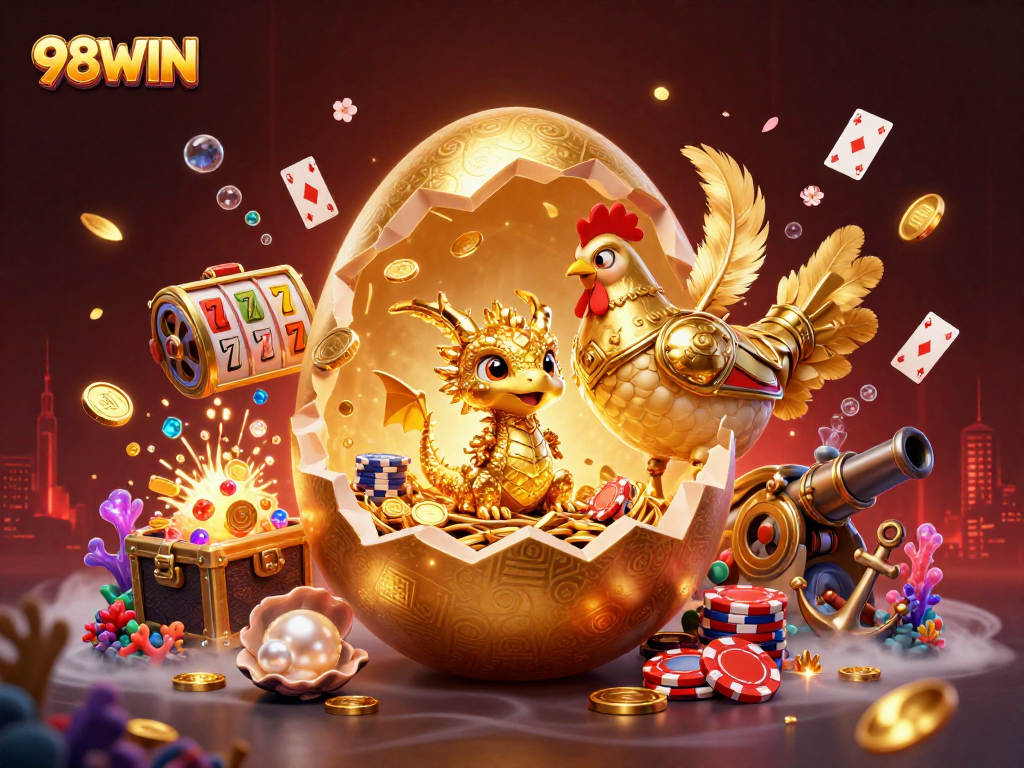 Experience thrilling jackpot excitement with 98WIN's stunning golden dragon and vibrant casino elements.