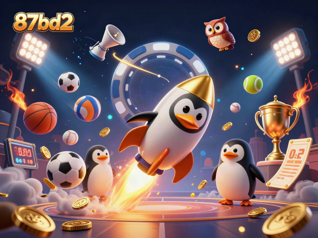 Experience thrilling action with the 87bd2 penguin racing to a casino space station amidst flying sports elements.