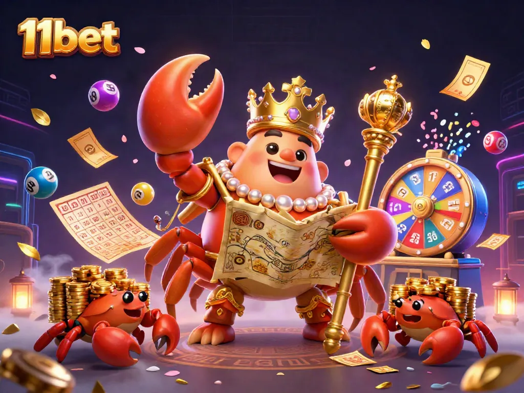 Join the excitement with 11bet's dynamic gaming universe featuring a golden crab emperor and thrilling lottery elements.