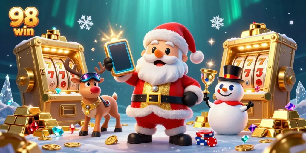 Celebrate at the 98 win casino with Santa, reindeer, and snowman amidst jackpot delights!