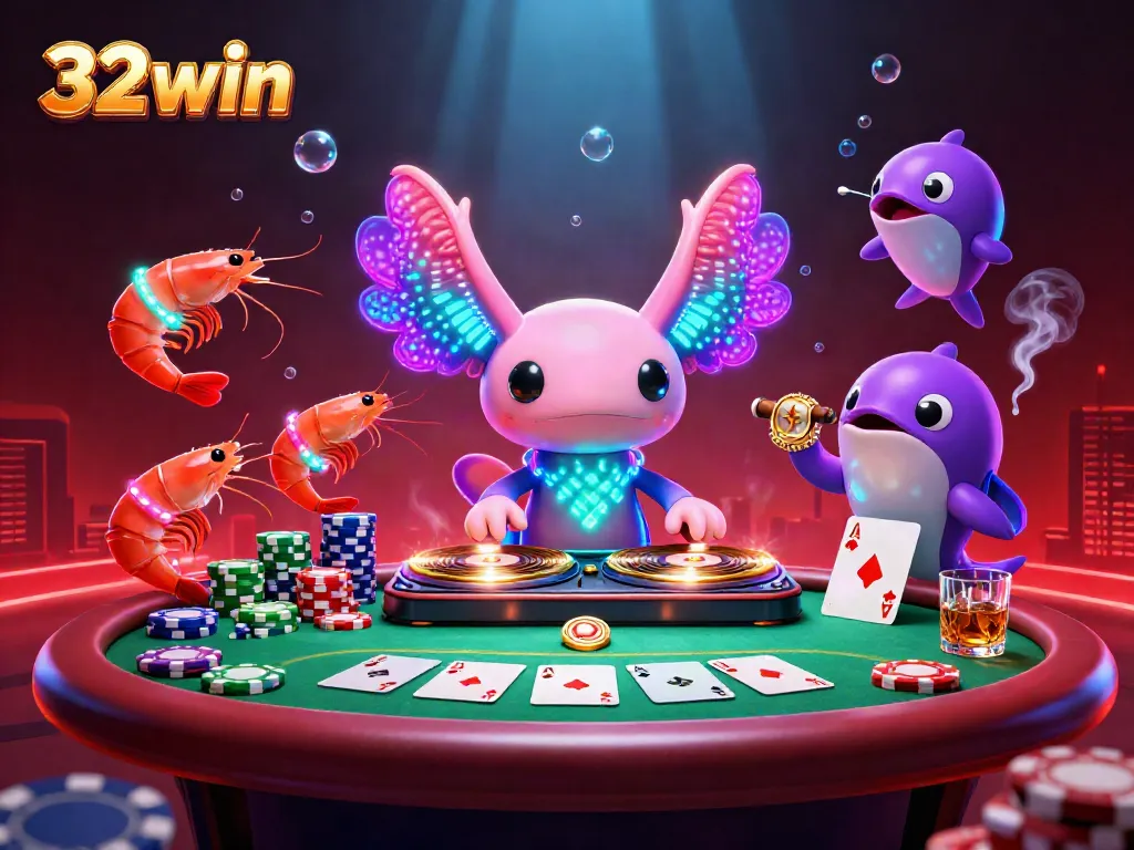 Engage with 32win's vibrant casino atmosphere featuring a neon axolotl DJ and lively poker action.
