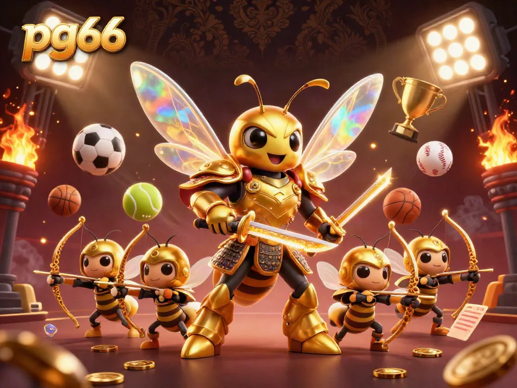 Experience engaging gameplay at pg66 with a dynamic illustration of a 3D cartoon hornet in samurai armor amidst vibrant sports elements.