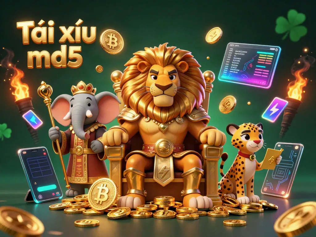 Engaging scene showcasing Tài xỉu md5 with a lion king and elephant advisor amidst shining coins and digital crypto elements.