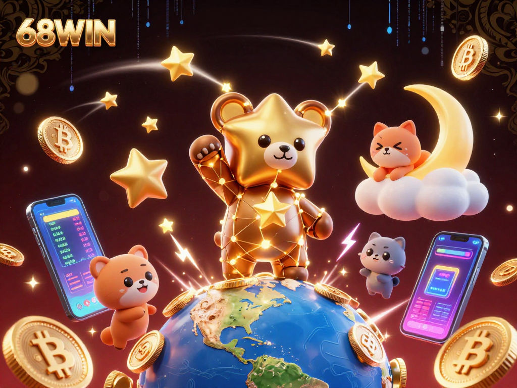Experience 68WIN’s vibrant gaming world with dynamic slot elements and crypto-themed visuals.