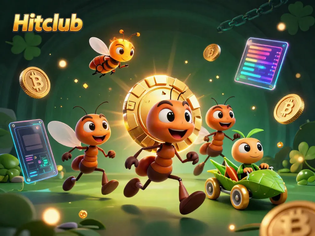 Hitclub ants stealing a giant poker chip, showcasing vibrant casino elements in a colorful 3D illustration.