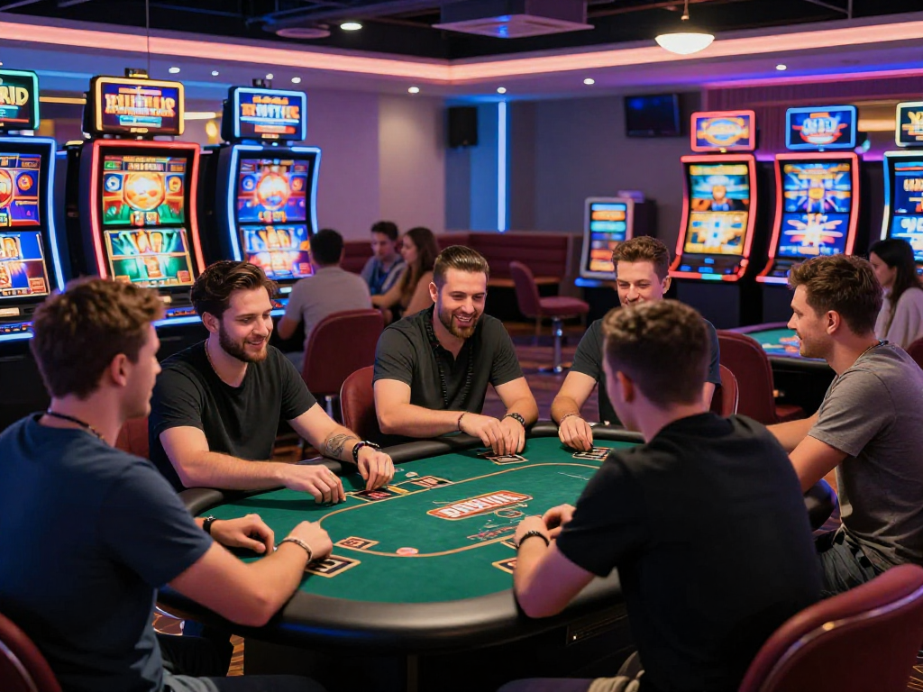 Giocatori al casinò online stranieri in un'atmosfera vivace e coinvolgente.