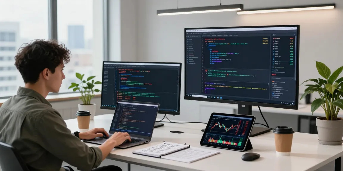Developers working on a German algo trading stock API in a modern fintech workspace.