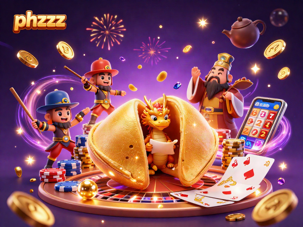 Engage with phzzz's animated treasure scene featuring golden coins, magical characters, and festive casino elements.