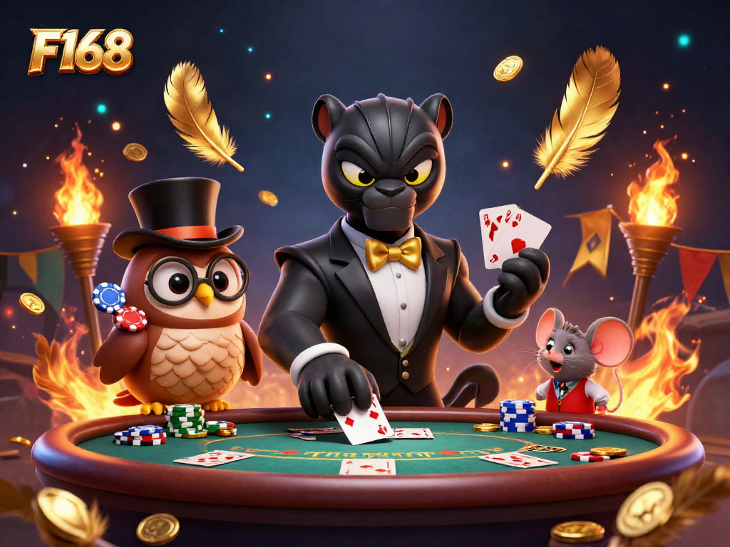 Get ready for excitement with F168 as the elegant black panther deals cards at the vibrant poker table.