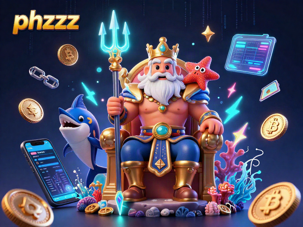 Engage with phzzz's vibrant 3D casino world featuring Neptune and crypto coins.