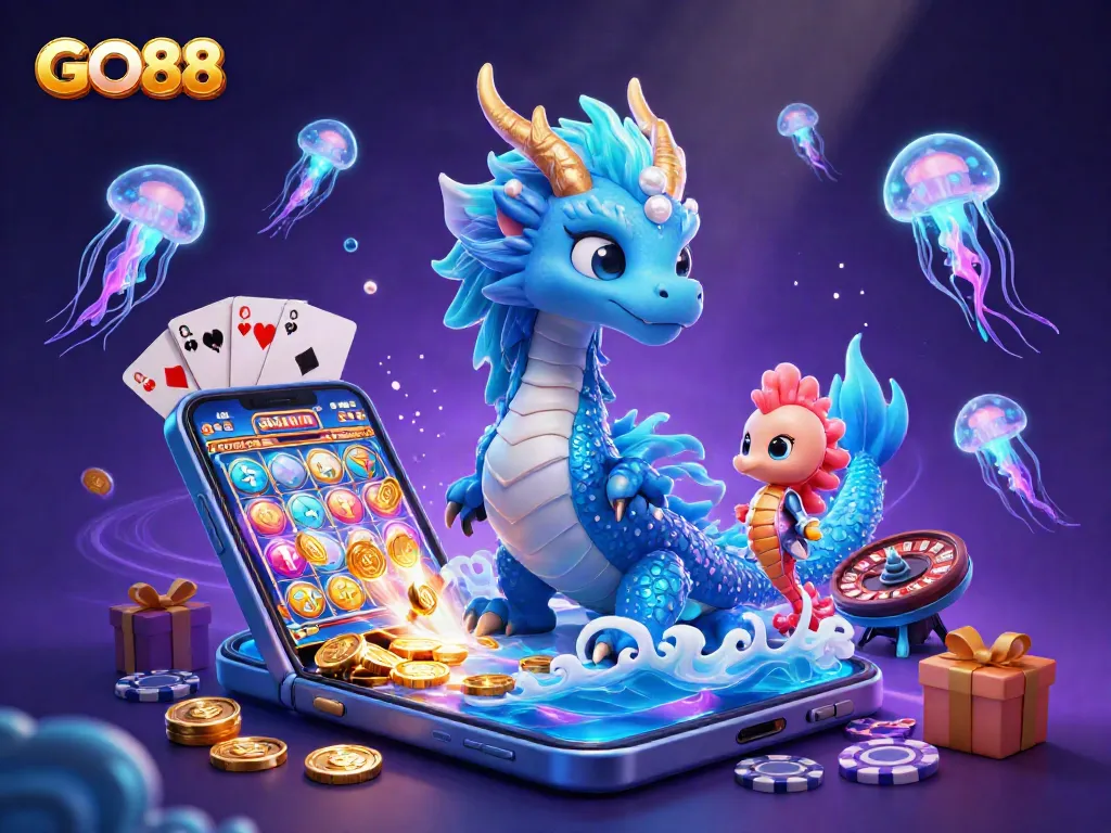 Engage with GO88's thrilling casino experience through a vibrant underwater scene featuring a dragon and game elements.