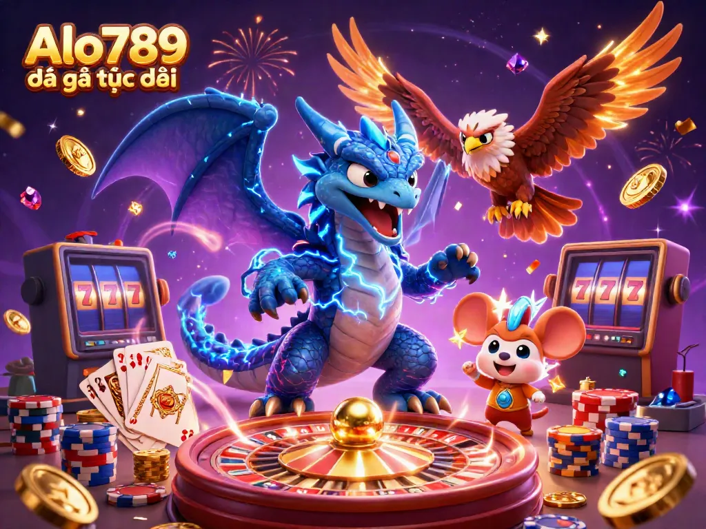 Alo789 Đá gà trực tiếp showcases a dynamic 3D scene with a thunder dragon, wind hawk, and thunder mouse surrounded by gaming elements.