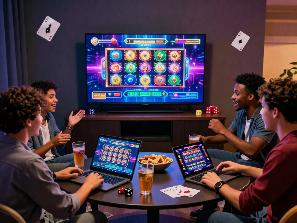 Serata di giochi online casino stranieri con amici entusiasti e dispositivi digitali.