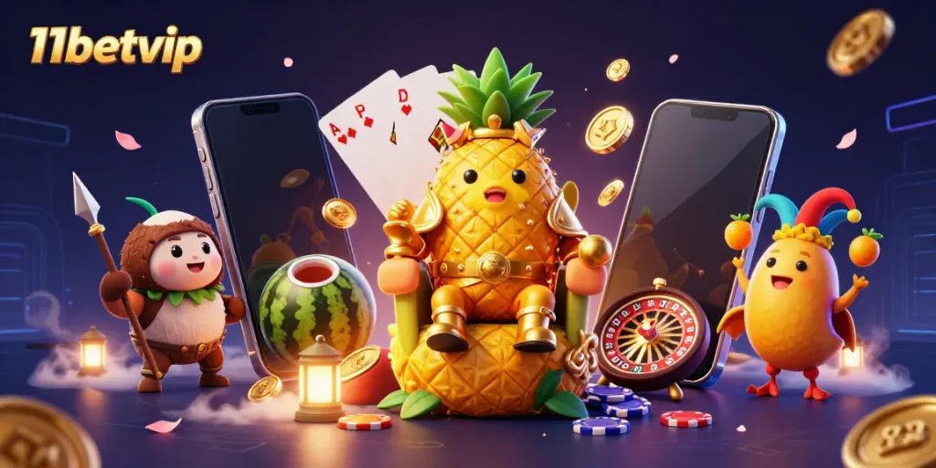 Experience joyful gaming with 11betvip as the golden pineapple king rules a vibrant casino beach.