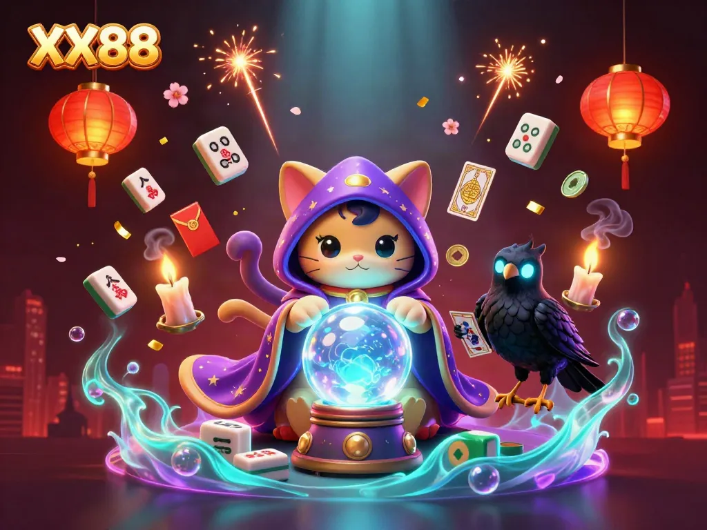 Experience the thrill of XX88 gaming with interactive characters and vibrant casino elements in a mystical atmosphere.