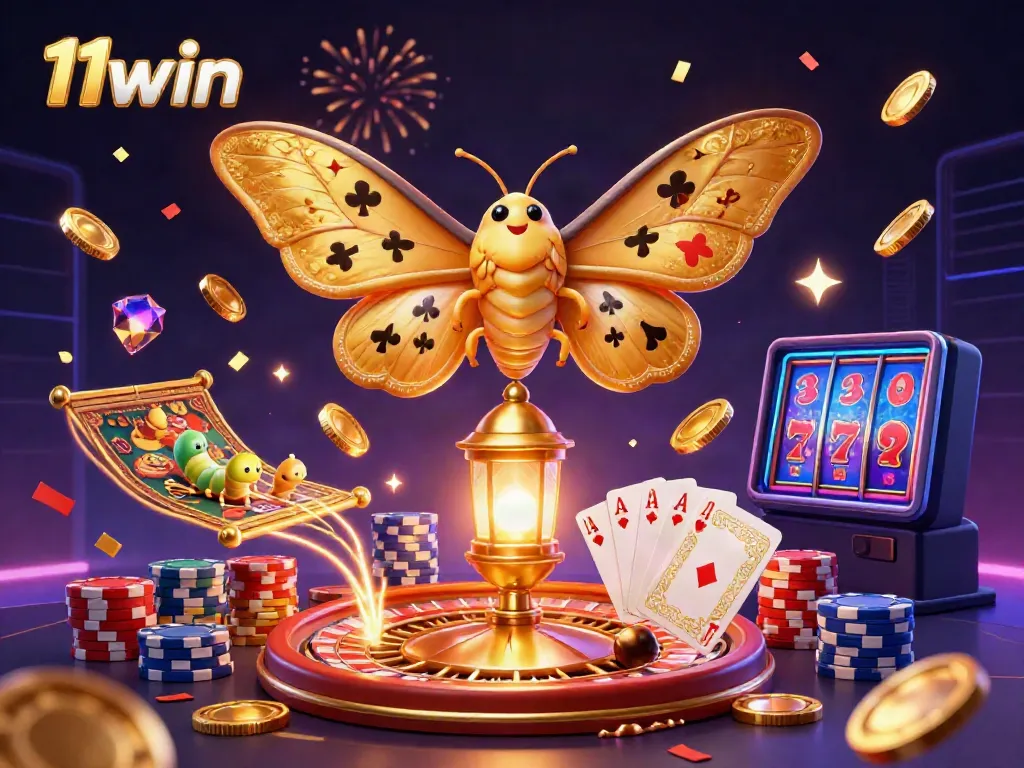 Experience thrilling gameplay with 11win as golden moths, casino games, and vibrant colors come together.
