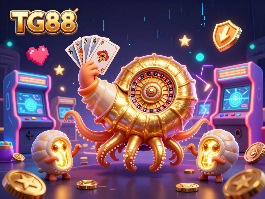 TG88 players enjoy a dynamic casino scene with a giant nautilus roulette wheel and glowing arcade elements.
