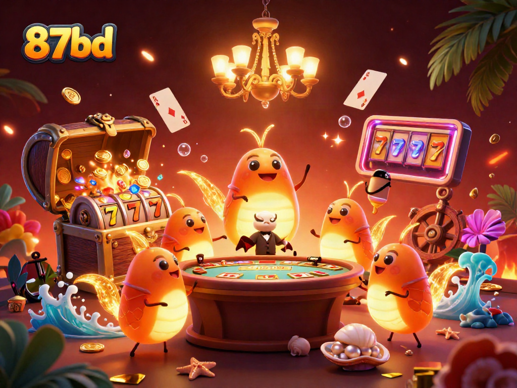 Experience 87bd's vibrant casino adventure with glowing glowworms and treasure-filled gaming tables.