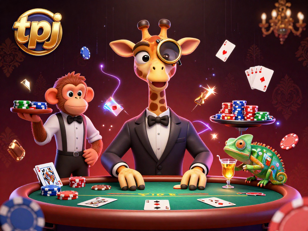 tpj showcases a high-roller giraffe and friends at a vibrant poker table filled with winning chips and gold accents.