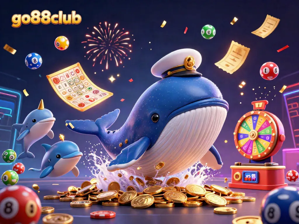Experience excitement at go88club with a vibrant casino scene featuring a cartoon whale and playful dolphins.