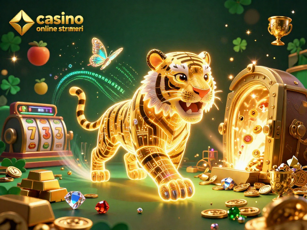 Vivi l'emozione del casino online stranieri con una tigre dorata e simboli di slot scintillanti.