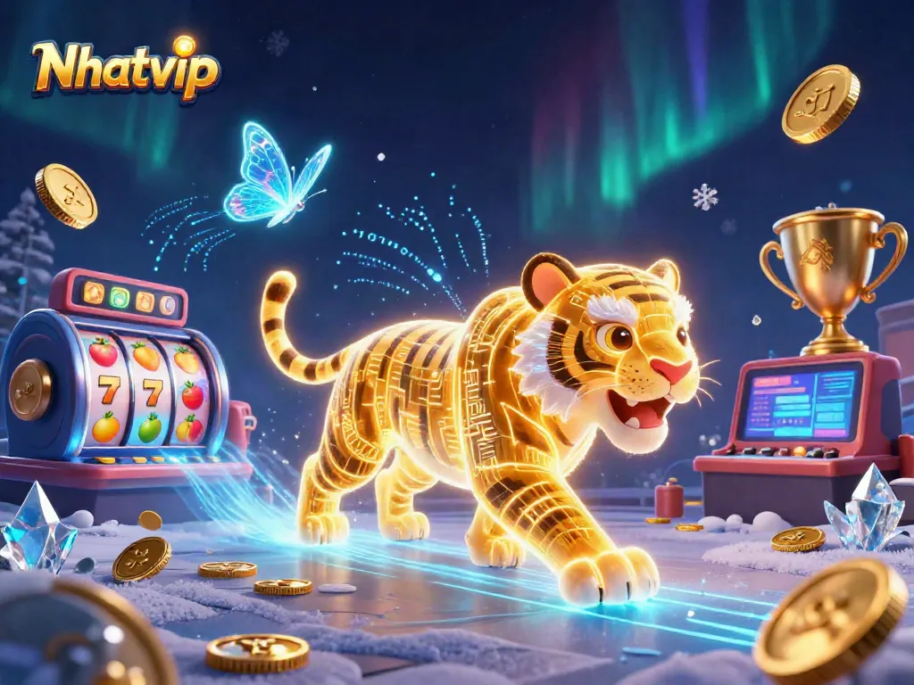 Nhatvip showcases an ultra-detailed 3D casino scene with vibrant slot reels and a golden tiger.