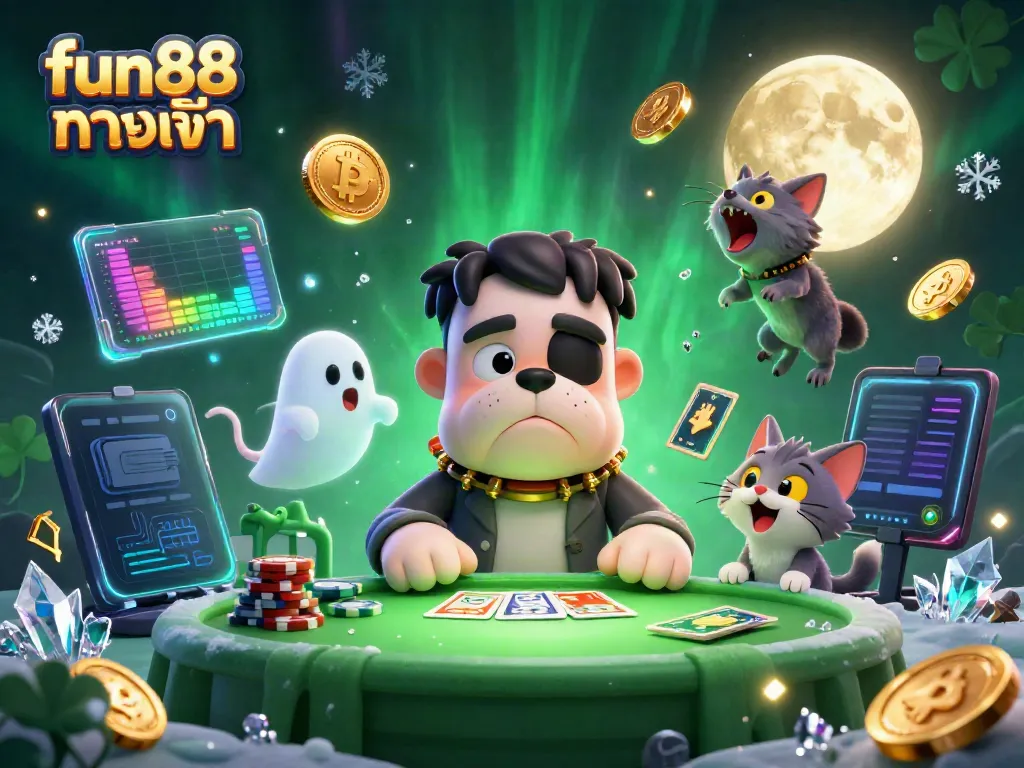 Engage with fun88 ทางเข้า at a vibrant casino scene featuring a Frankenstein bulldog dealer, ethereal ghost mouse, and cosmic kitten.