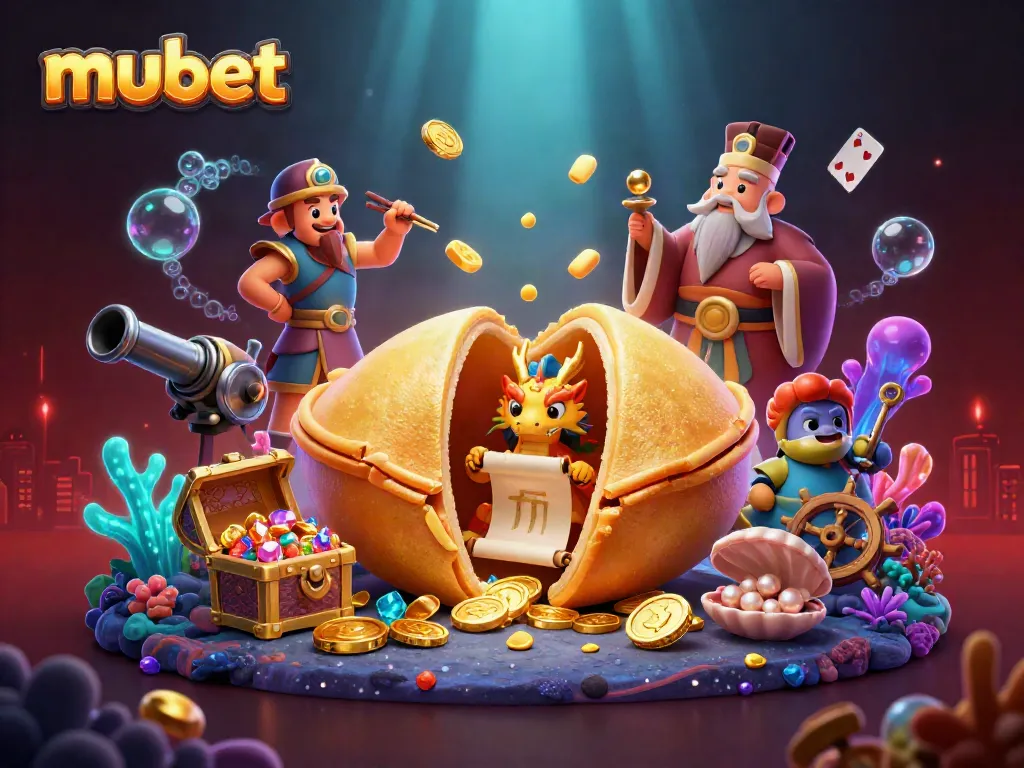 Engage with the vibrant gambling scene in mubet, featuring a whimsical golden cookie and treasure elements.
