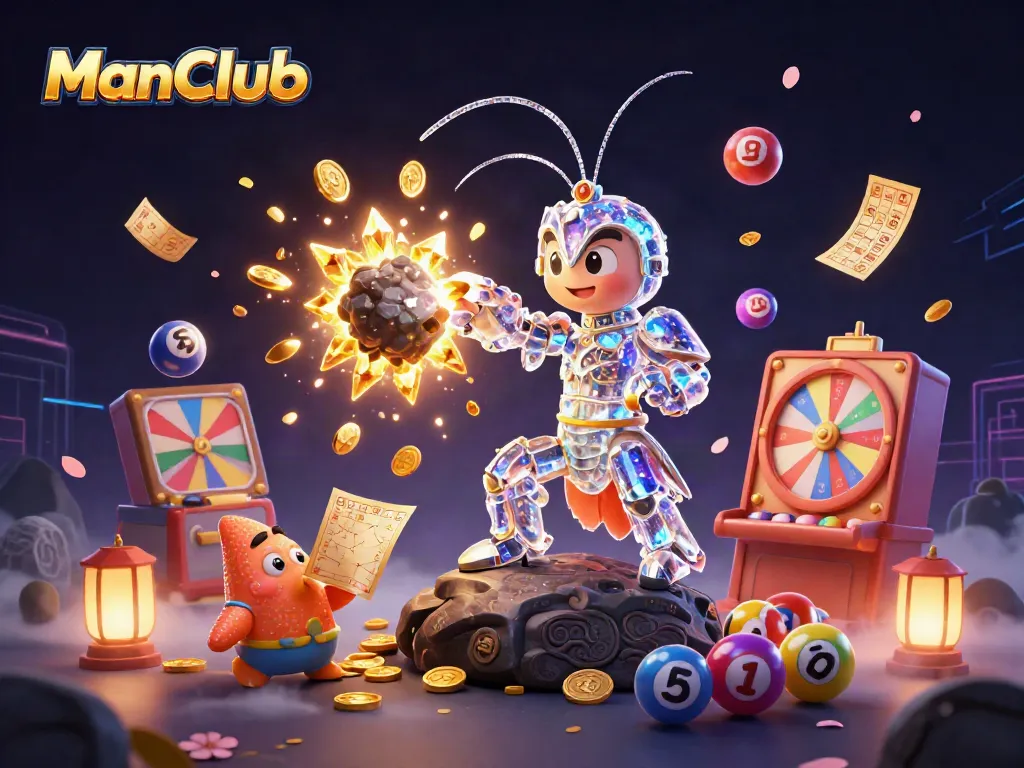 Experience thrilling wins at ManClub with animated action and vibrant game elements in a fantasy casino scene.