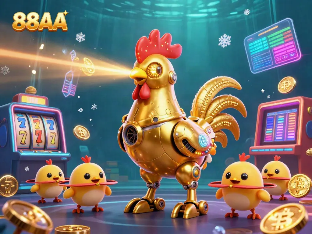 Engage with 88AA's thrilling casino world featuring a charismatic golden rooster robot amidst vibrant gaming elements.