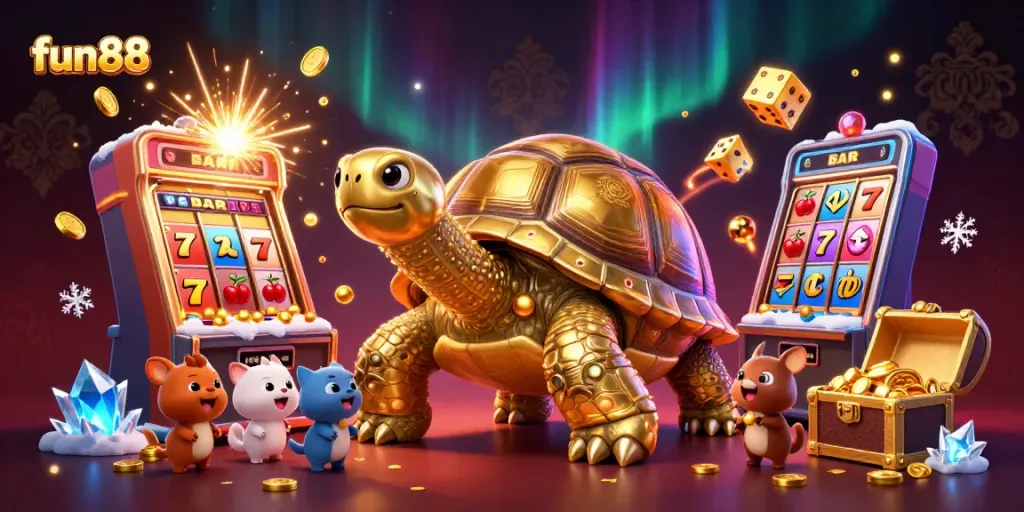 Experience the fun88 excitement with a vibrant golden tortoise pinball scene and flashy slot machines.