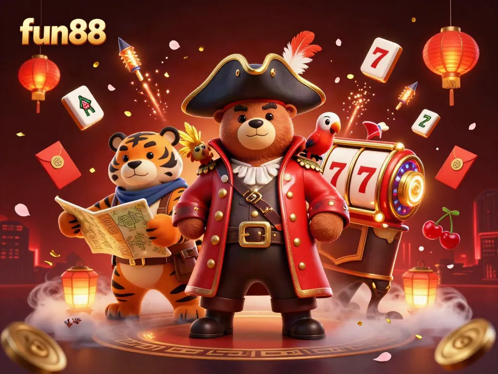 Experience fun88 with a vibrant pirate-themed casino scene filled with slots and lively characters.