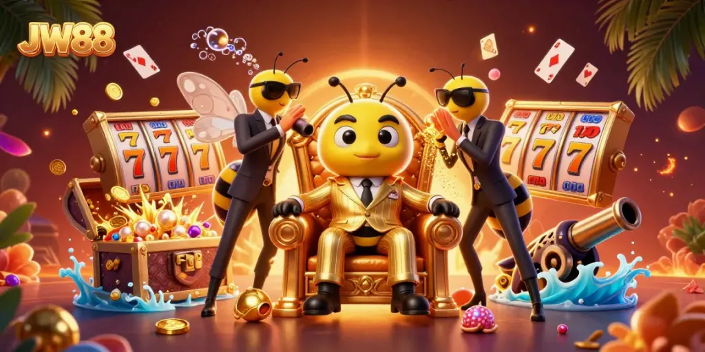 JW88 showcases an energetic casino scene with a cartoon bumblebee mob boss and lively game elements.