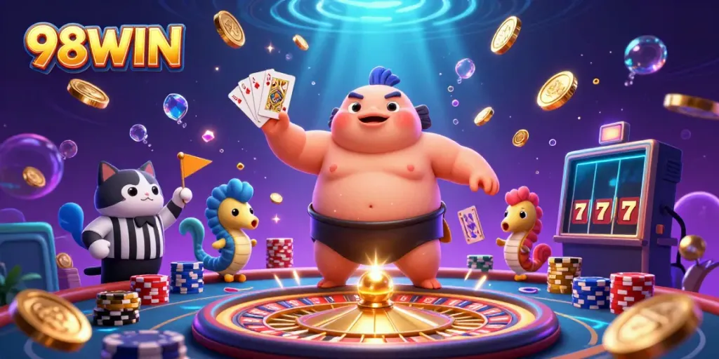 Experience thrilling gaming action with 98WIN featuring a fugu champion in an underwater casino, surrounded by exciting game elements.
