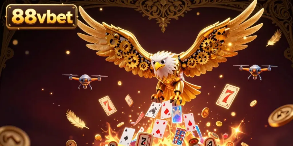 Join the thrill with 88vbet as the cybernetic eagle dives through holographic cards in this dynamic casino scene.
