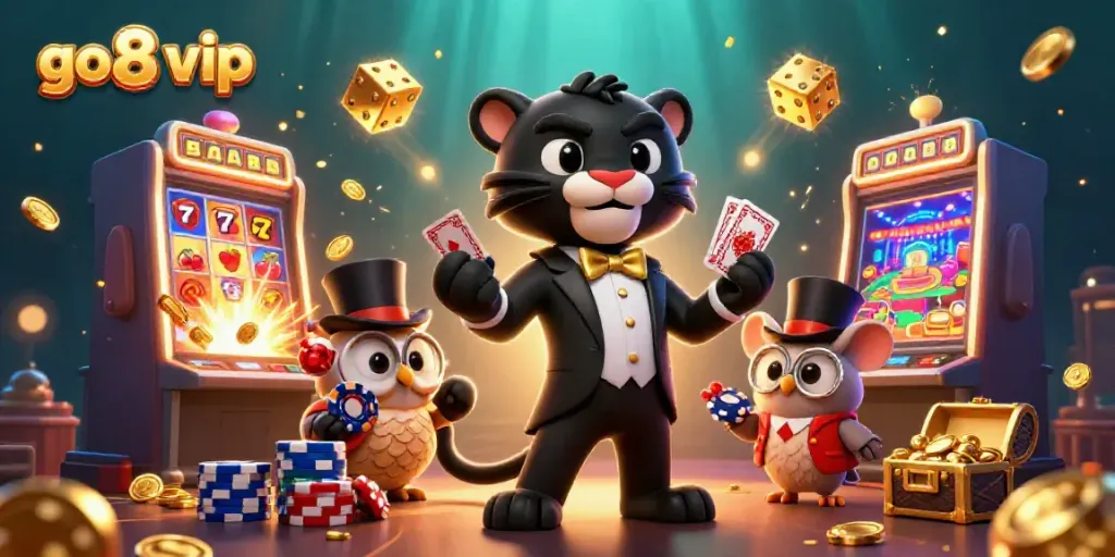 Experience the excitement of go8 vip gaming with a stylish panther, owl, and mouse amidst dazzling casino elements.