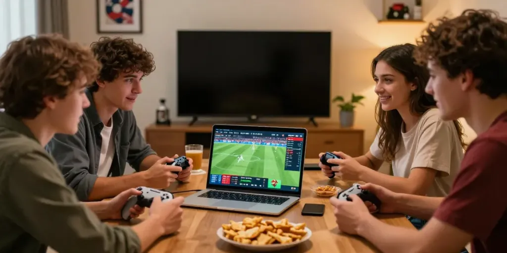 Friends enjoying a thrilling FABET sports betting experience at home.