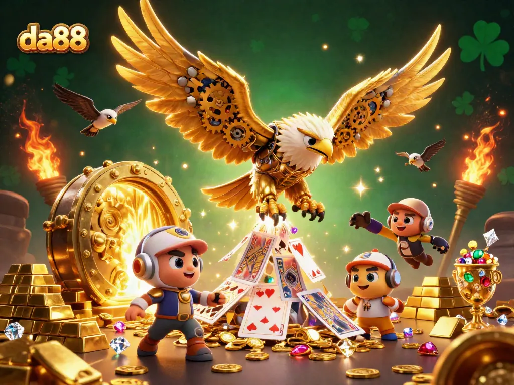 Engage with da88 casino magic as golden eagle dives through holographic cards amidst treasures.
